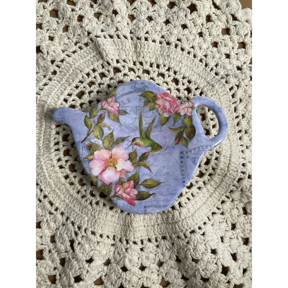Vintage Teapot Shaped Tea Bag Rest Spoon Holder Melamine Hummingbird Flowers